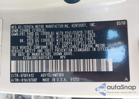 2010 Toyota Venza from USA, damaged, VIN 4T3BA3BB7AU015873